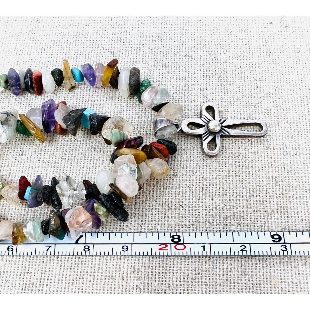 Sterling Silver 925 Multi Gemstone Chip Double Strand Cross Pendant Necklace - Picture 9 of 9